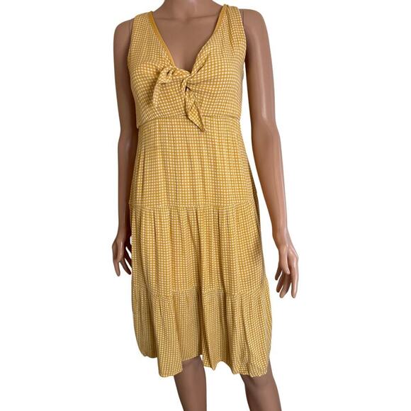 Everly Gingham yellow white checkered plaid knot tie tiered dress short SZ SM - Picture 2 of 8